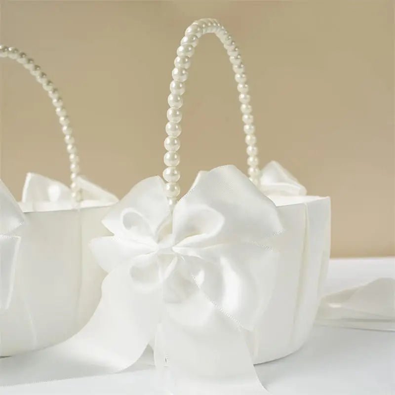 1-2pcs Pearl Handle Flower Basket Satin White Western Rustic Bowknot Wedding Basket Foldable Flower Basket For Floral Petals - PrimeNest