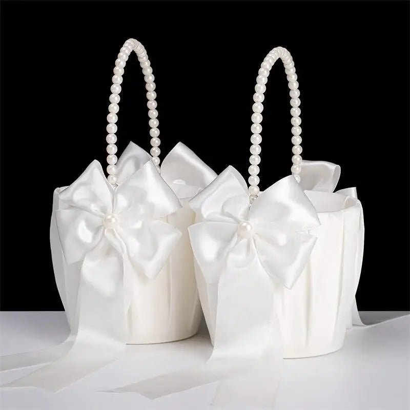 1-2pcs Pearl Handle Flower Basket Satin White Western Rustic Bowknot Wedding Basket Foldable Flower Basket For Floral Petals - PrimeNest