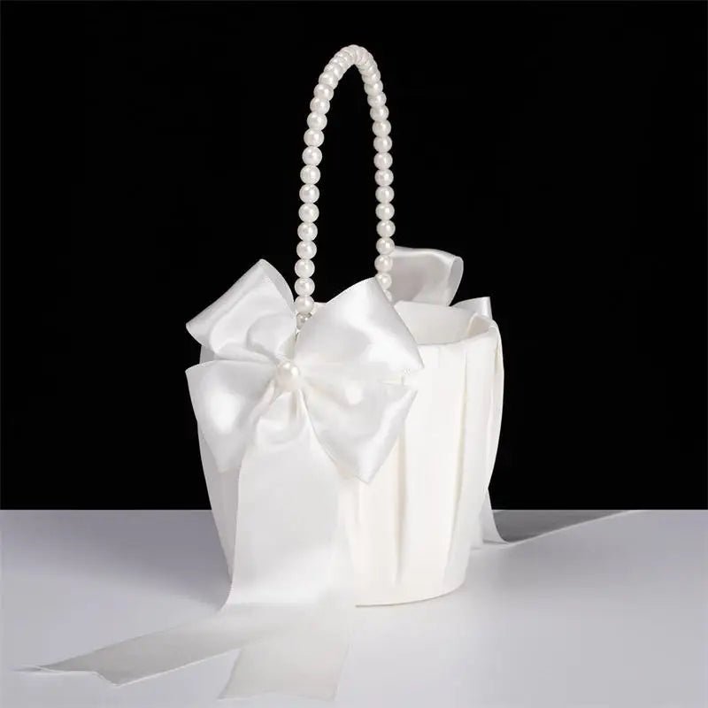1-2pcs Pearl Handle Flower Basket Satin White Western Rustic Bowknot Wedding Basket Foldable Flower Basket For Floral Petals - PrimeNest
