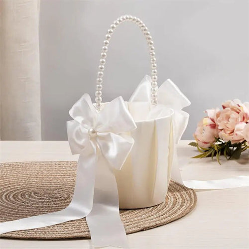 1-2pcs Pearl Handle Flower Basket Satin White Western Rustic Bowknot Wedding Basket Foldable Flower Basket For Floral Petals - PrimeNest