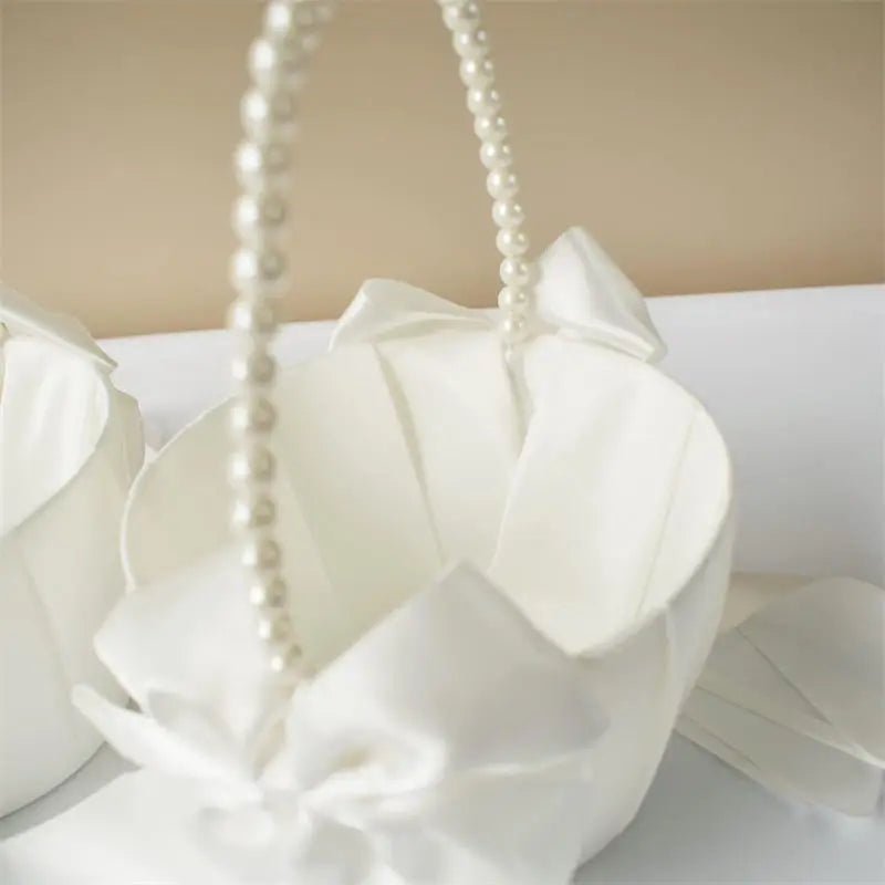 1-2pcs Pearl Handle Flower Basket Satin White Western Rustic Bowknot Wedding Basket Foldable Flower Basket For Floral Petals - PrimeNest