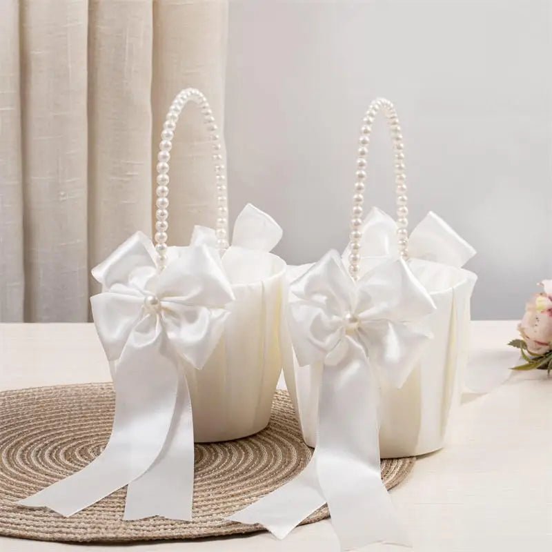 1-2pcs Pearl Handle Flower Basket Satin White Western Rustic Bowknot Wedding Basket Foldable Flower Basket For Floral Petals - PrimeNest