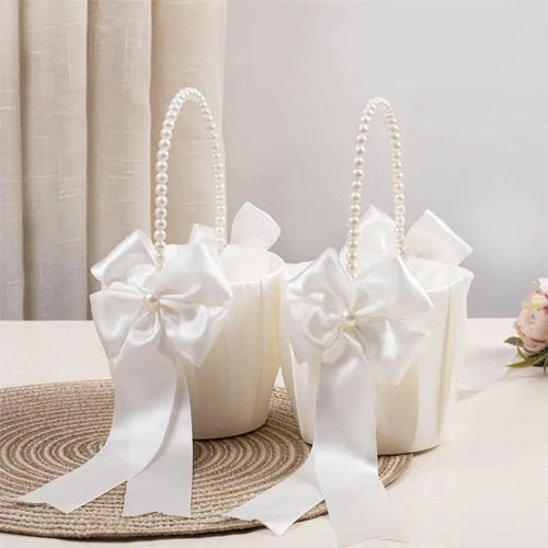 1-2pcs Pearl Handle Flower Basket Satin White Western Rustic Bowknot Wedding Basket Foldable Flower Basket For Floral Petals - PrimeNest