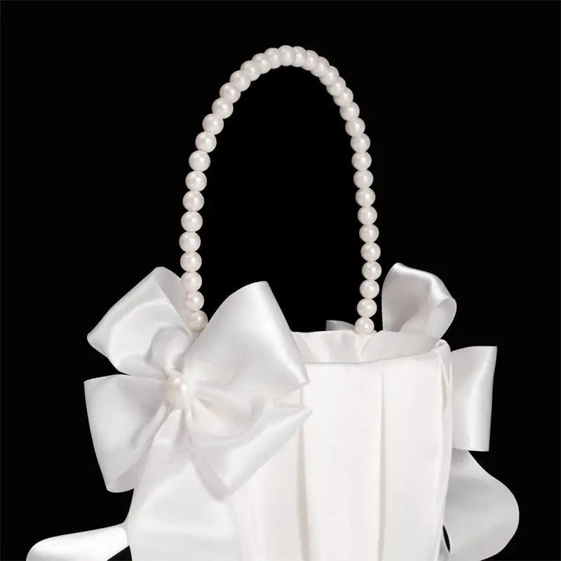 1-2pcs Pearl Handle Flower Basket Satin White Western Rustic Bowknot Wedding Basket Foldable Flower Basket For Floral Petals - PrimeNest
