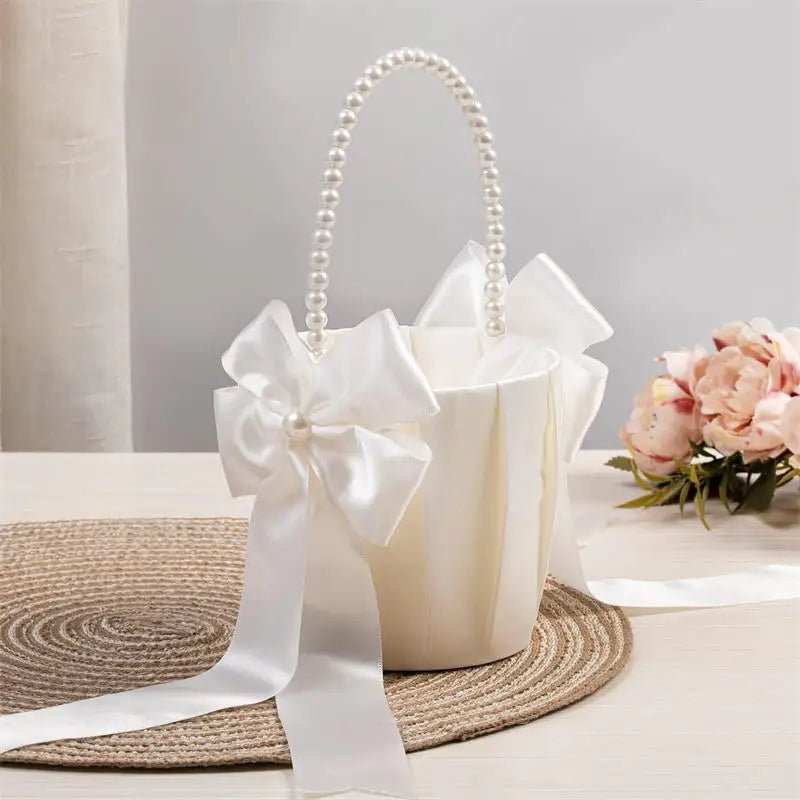 1-2pcs Pearl Handle Flower Basket Satin White Western Rustic Bowknot Wedding Basket Foldable Flower Basket For Floral Petals - PrimeNest