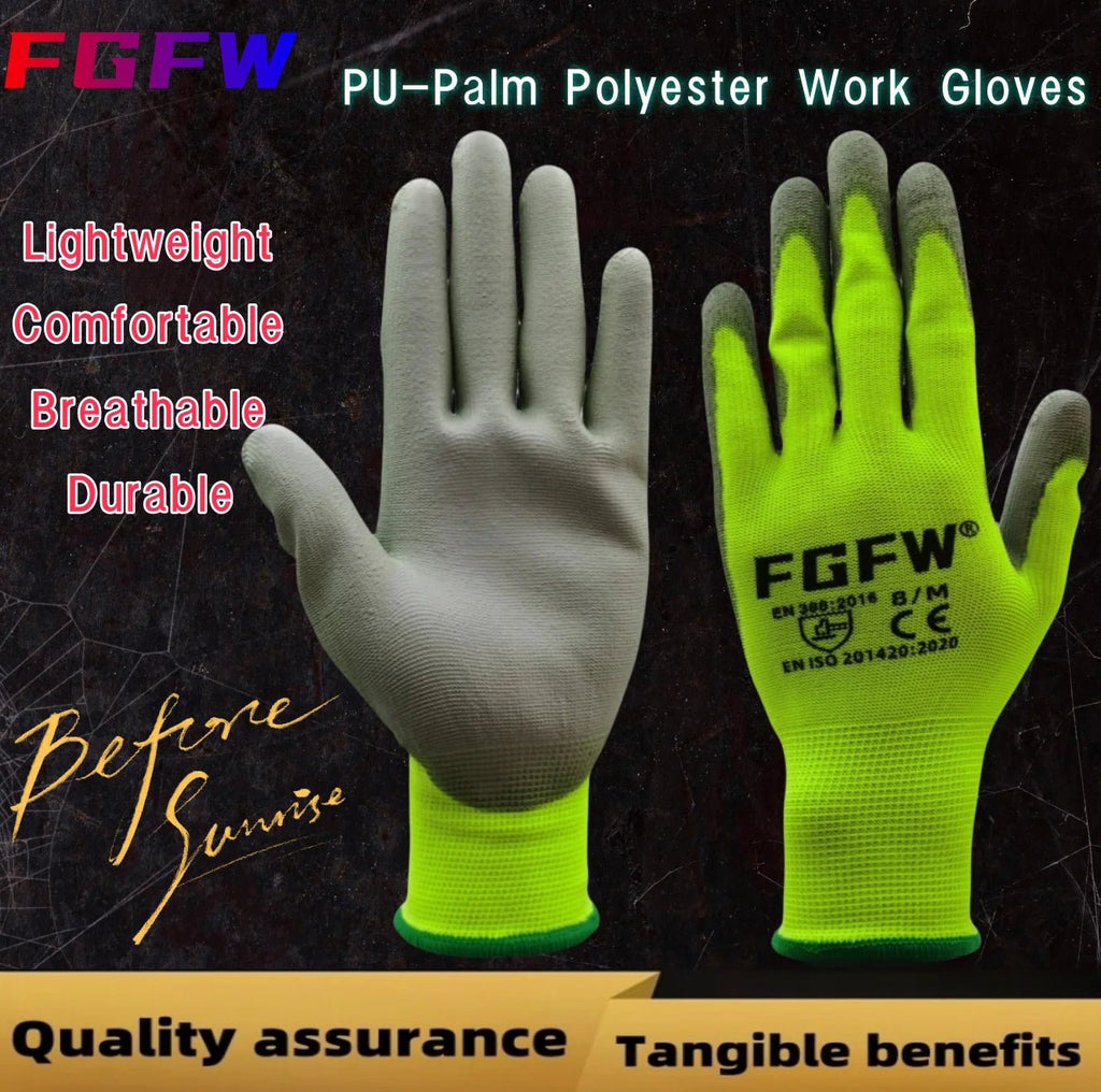 10 Pairs PU Coated Work Gloves - Lightweight, Durable Safety Gloves EN 388/ISO20471 Certified, Sizes S/M/L/XL - PrimeNest