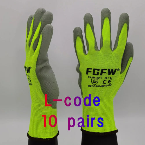 10 Pairs PU Coated Work Gloves - Lightweight, Durable Safety Gloves EN 388/ISO20471 Certified, Sizes S/M/L/XL - PrimeNest