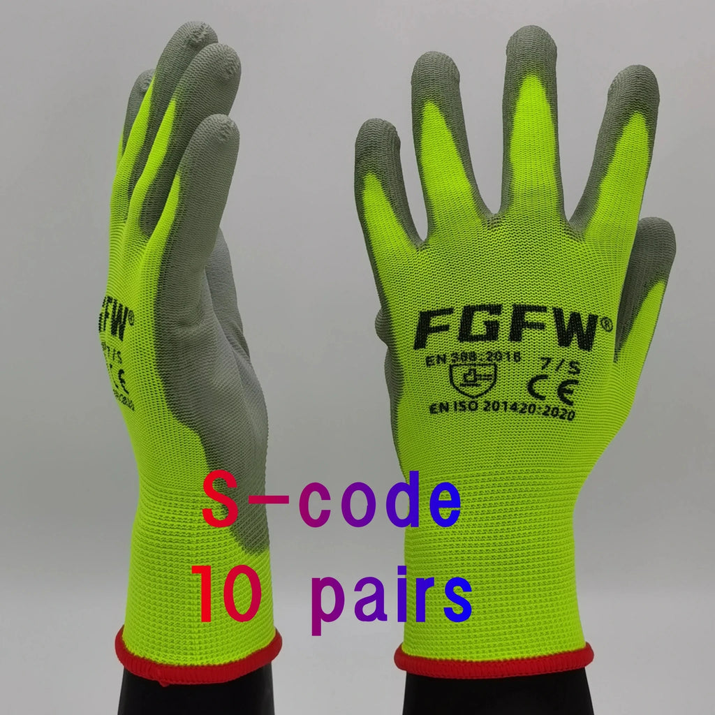 10 Pairs PU Coated Work Gloves - Lightweight, Durable Safety Gloves EN 388/ISO20471 Certified, Sizes S/M/L/XL - PrimeNest