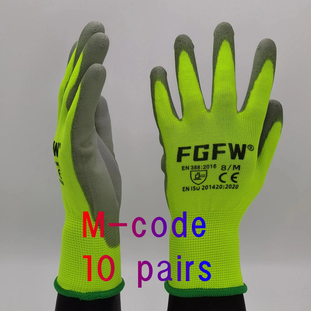 10 Pairs PU Coated Work Gloves - Lightweight, Durable Safety Gloves EN 388/ISO20471 Certified, Sizes S/M/L/XL - PrimeNest