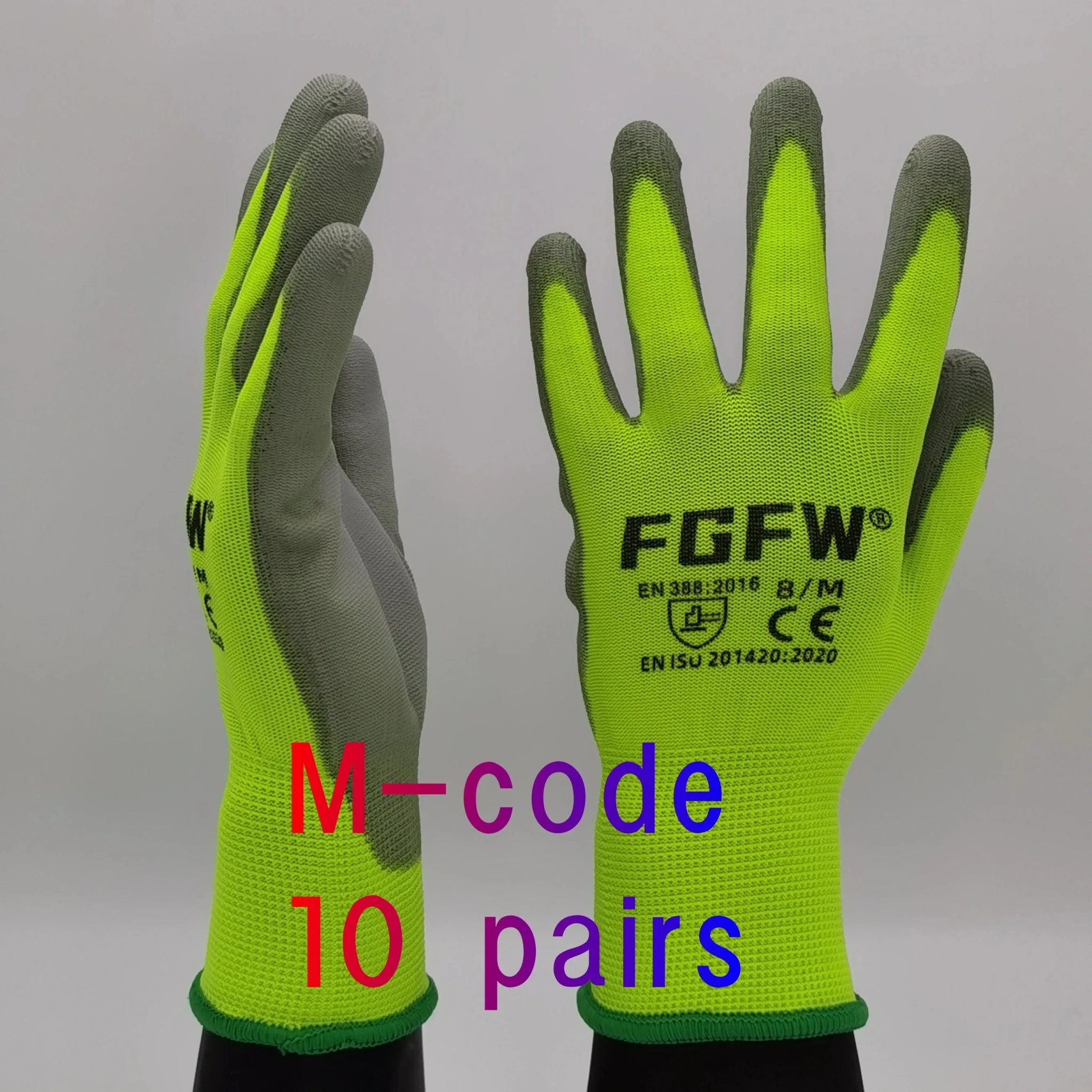 10 Pairs PU Coated Work Gloves - Lightweight, Durable Safety Gloves EN 388/ISO20471 Certified, Sizes S/M/L/XL - PrimeNest