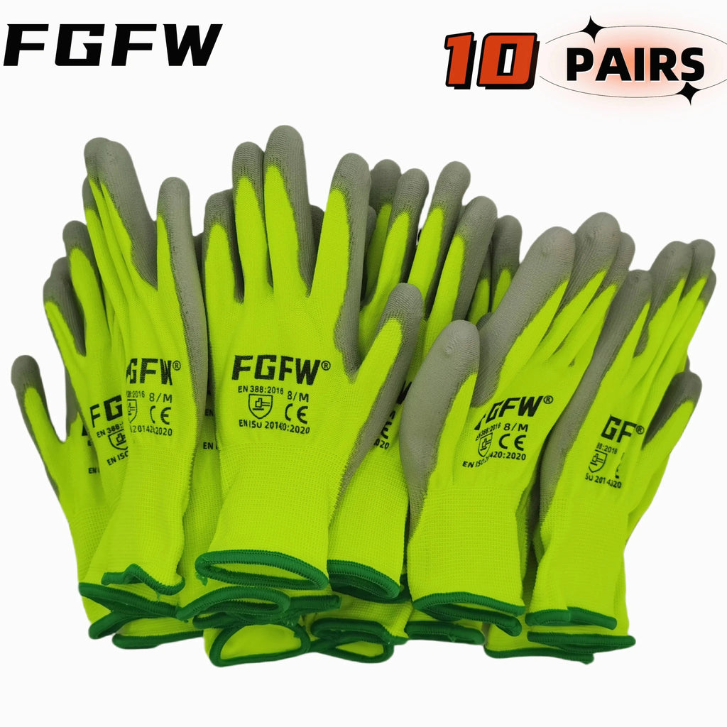 10 Pairs PU Coated Work Gloves - Lightweight, Durable Safety Gloves EN 388/ISO20471 Certified, Sizes S/M/L/XL - PrimeNest
