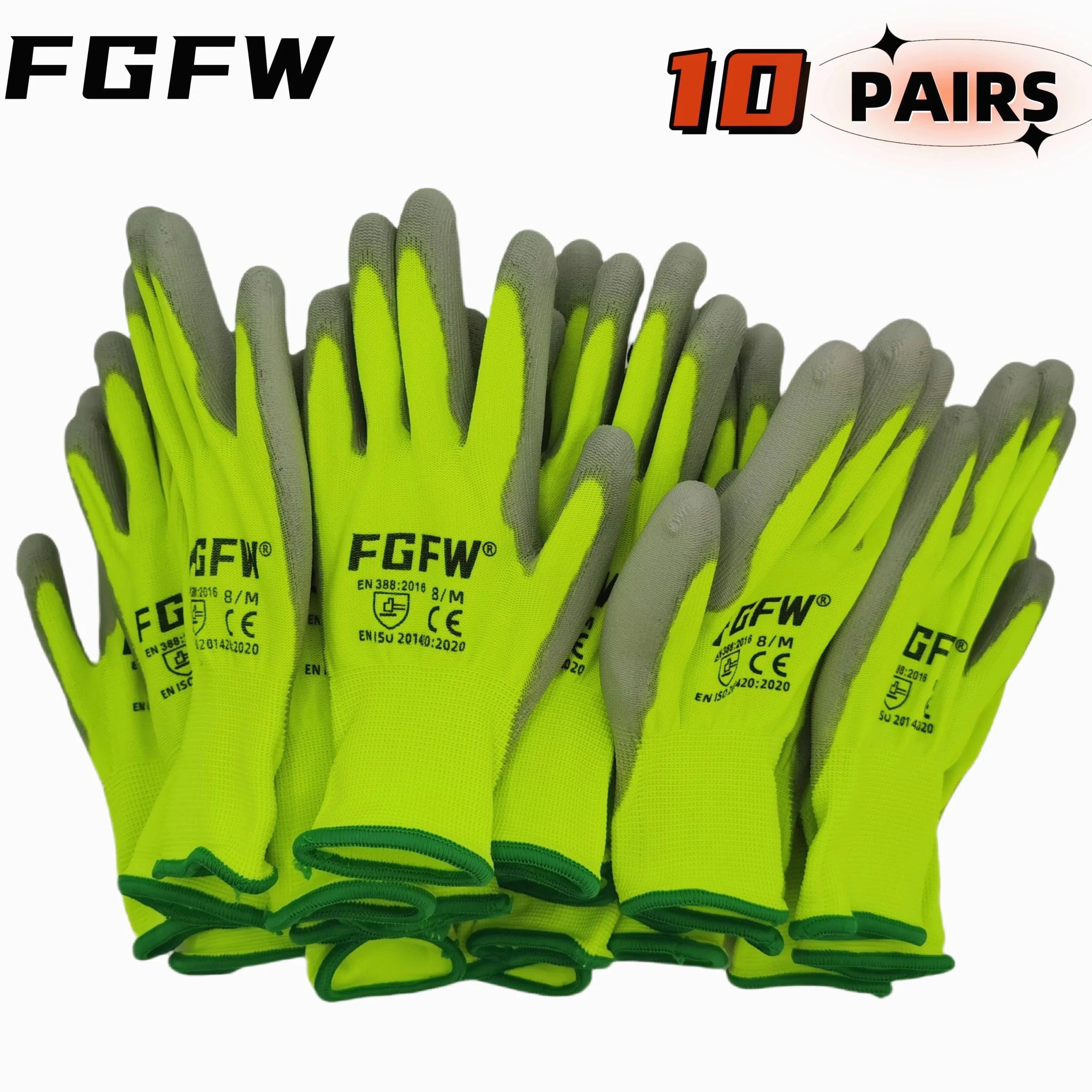 10 Pairs PU Coated Work Gloves - Lightweight, Durable Safety Gloves EN 388/ISO20471 Certified, Sizes S/M/L/XL - PrimeNest