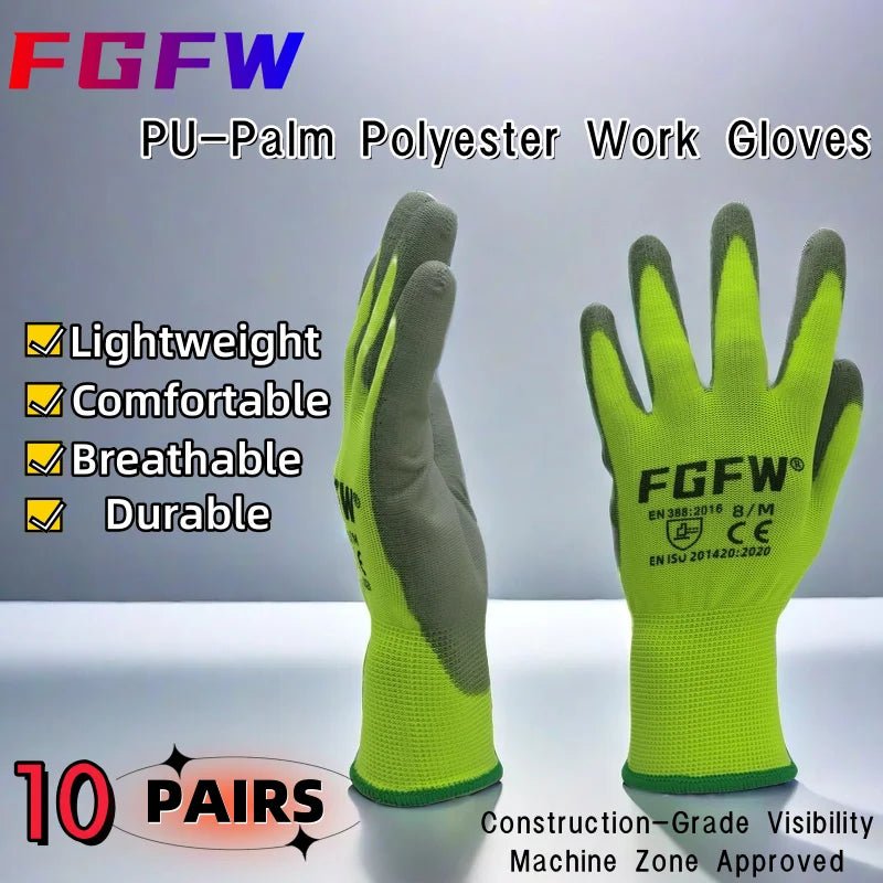 10 Pairs PU Coated Work Gloves - Lightweight, Durable Safety Gloves EN 388/ISO20471 Certified, Sizes S/M/L/XL - PrimeNest
