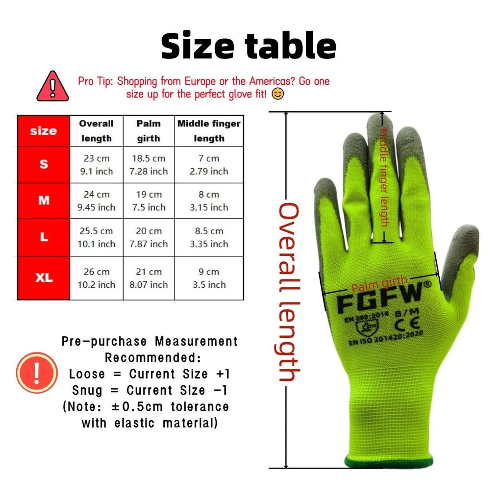 10 Pairs PU Coated Work Gloves - Lightweight, Durable Safety Gloves EN 388/ISO20471 Certified, Sizes S/M/L/XL - PrimeNest