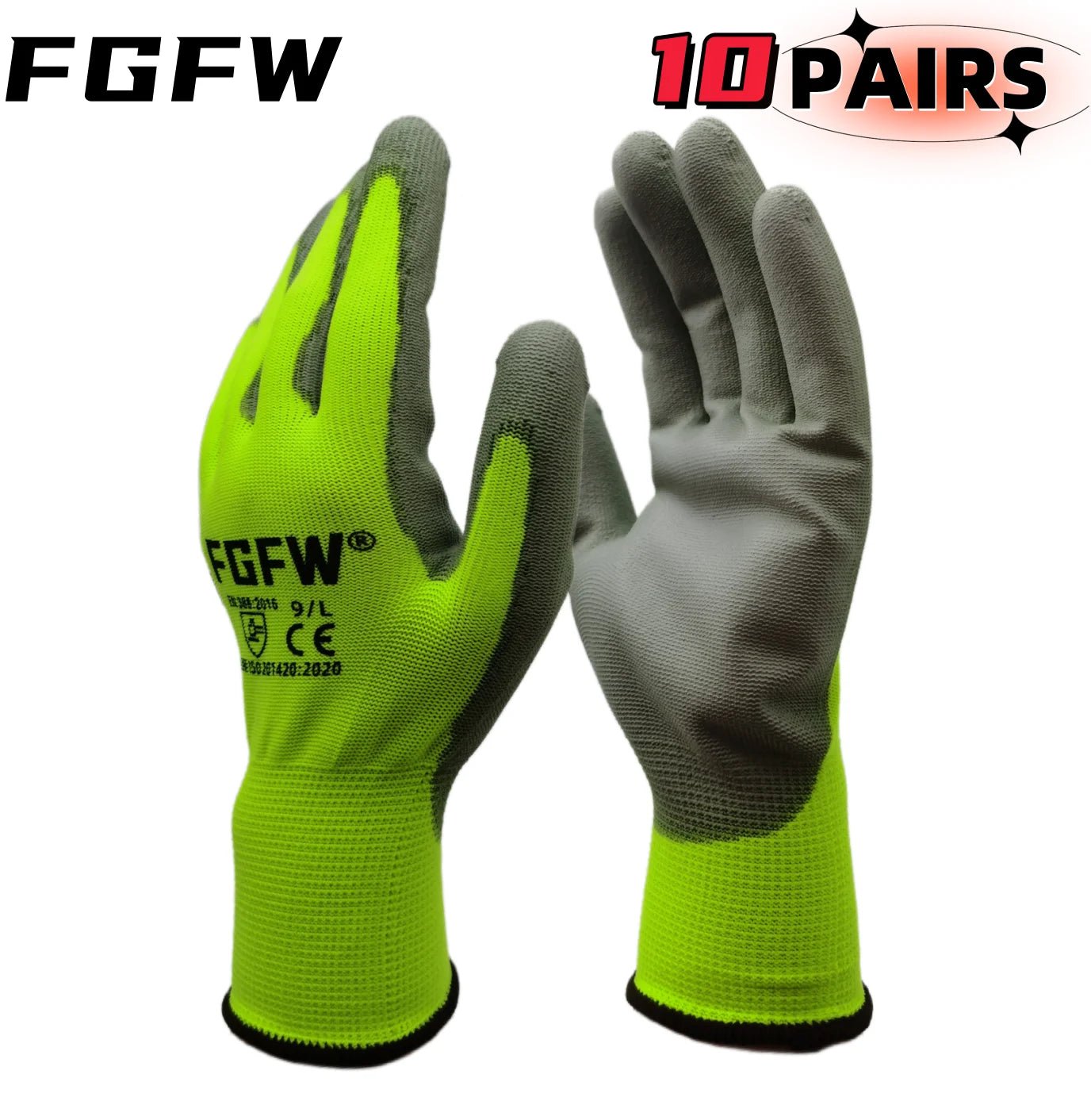 10 Pairs PU Coated Work Gloves - Lightweight, Durable Safety Gloves EN 388/ISO20471 Certified, Sizes S/M/L/XL - PrimeNest