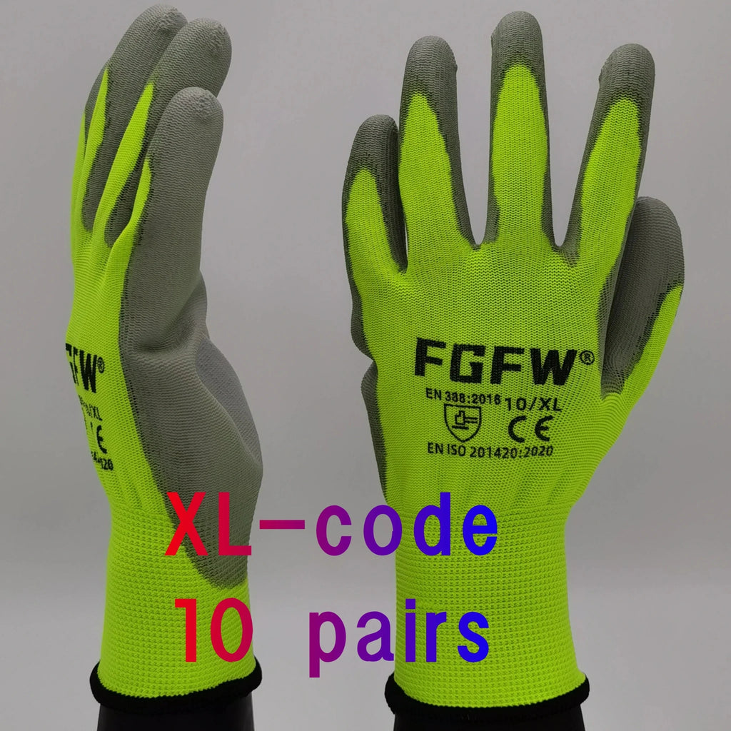 10 Pairs PU Coated Work Gloves - Lightweight, Durable Safety Gloves EN 388/ISO20471 Certified, Sizes S/M/L/XL - PrimeNest