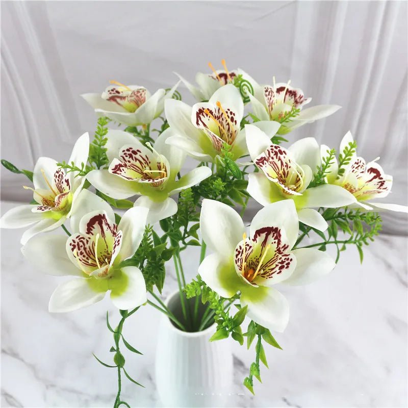 10Pcs/Bouquet Artificial Orchid Flore White Silk Fake Orchid Flower DIY Wedding Back Road Home Desk Vase Accessories Faux Flores - PrimeNest