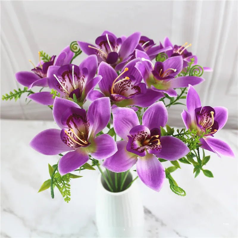 10Pcs/Bouquet Artificial Orchid Flore White Silk Fake Orchid Flower DIY Wedding Back Road Home Desk Vase Accessories Faux Flores - PrimeNest