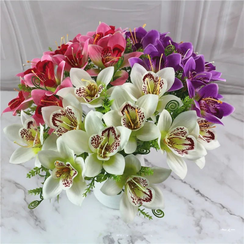 10Pcs/Bouquet Artificial Orchid Flore White Silk Fake Orchid Flower DIY Wedding Back Road Home Desk Vase Accessories Faux Flores - PrimeNest