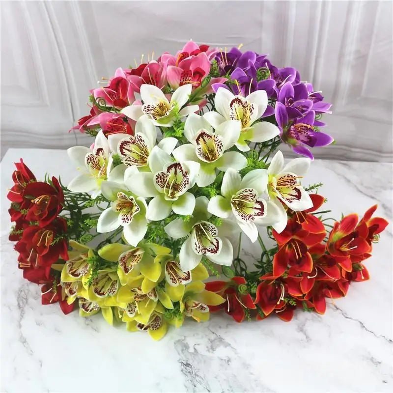 10Pcs/Bouquet Artificial Orchid Flore White Silk Fake Orchid Flower DIY Wedding Back Road Home Desk Vase Accessories Faux Flores - PrimeNest