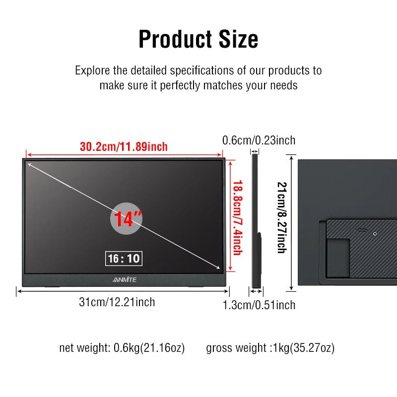 14 Inch Portable Touch Monitor Non-touch optional 16:10 400cd/m2 Gaming Computer Expand Display For XBox PS4/5 Switch Loptop - PrimeNest