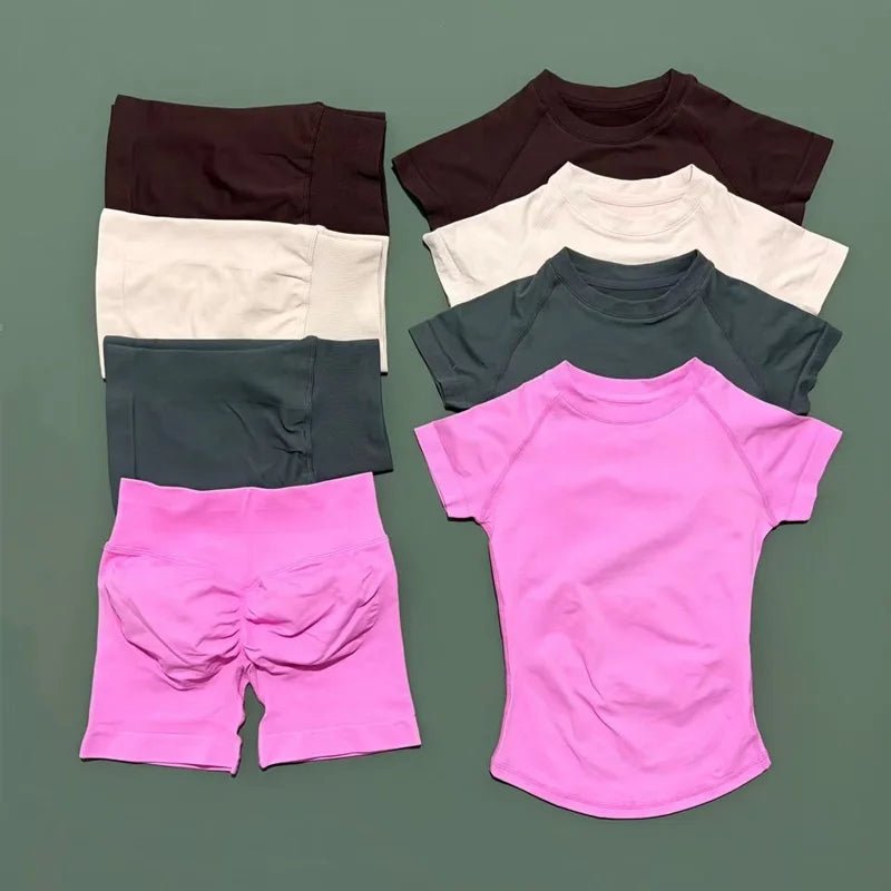 2 Pcs HISTELLO Sports Gym Sets Short Sleeve Seamless Yoga Clothing Fitness Set Women Workout Running Sports Short Leggings Suit - PrimeNest