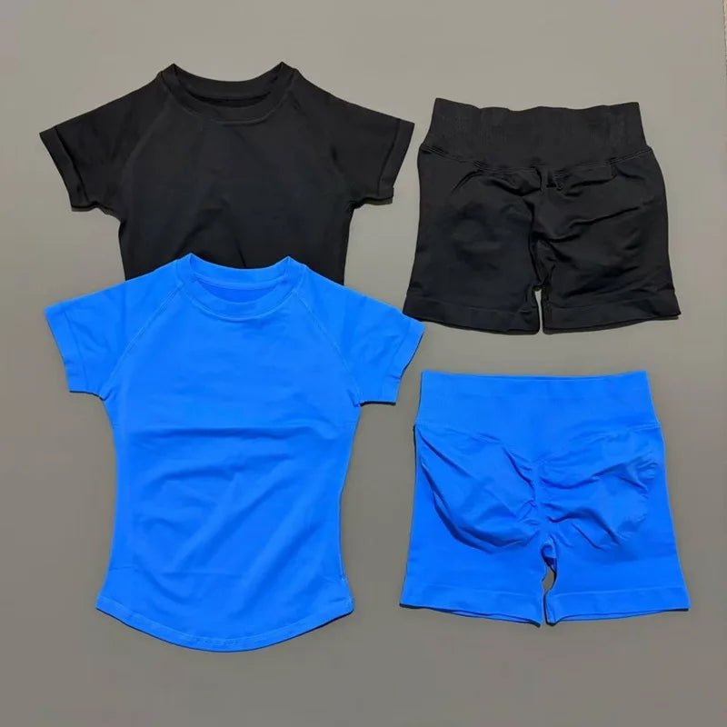 2 Pcs HISTELLO Sports Gym Sets Short Sleeve Seamless Yoga Clothing Fitness Set Women Workout Running Sports Short Leggings Suit - PrimeNest