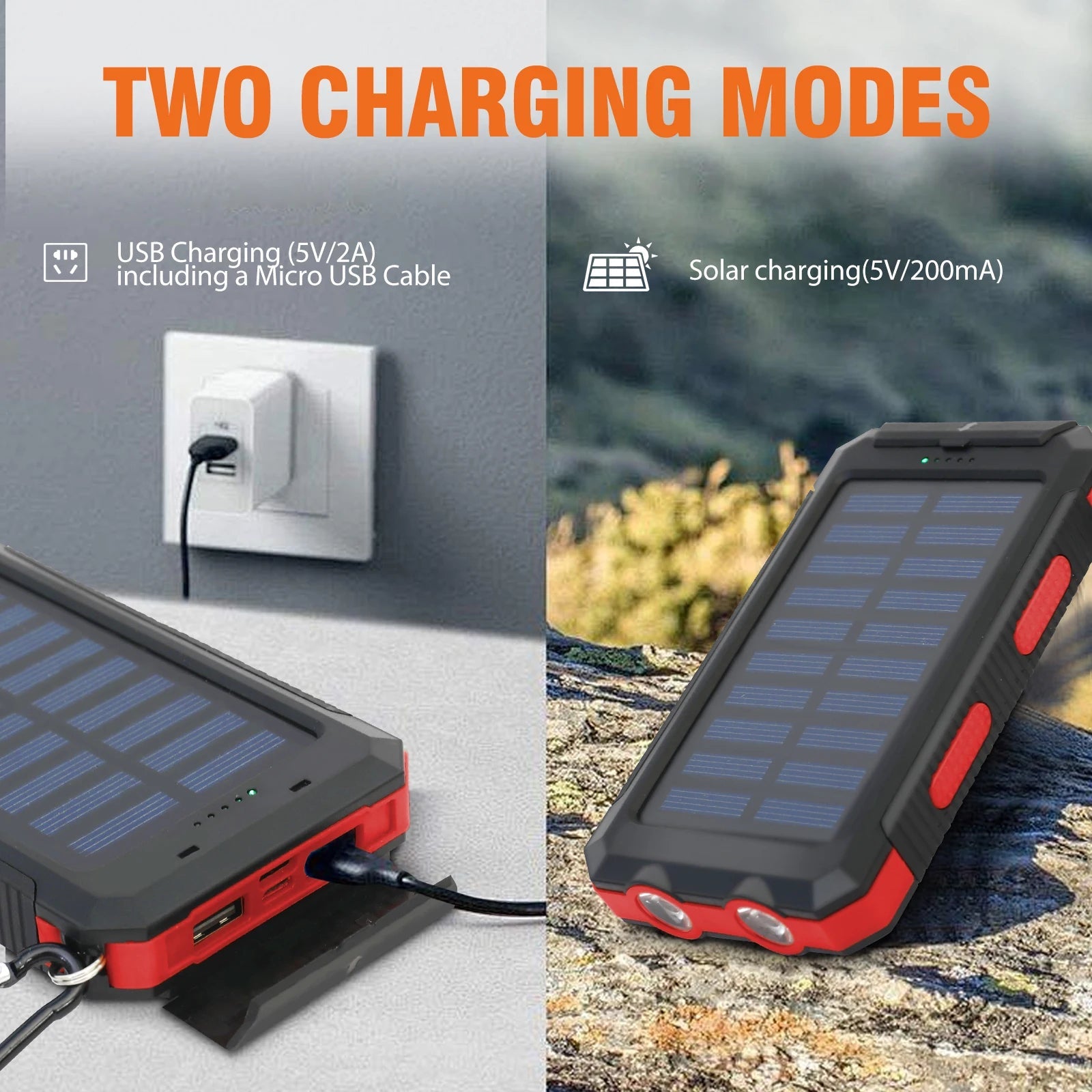20000mAh Solar Charger Waterproof Portable Solar Power Bank Dual 5V USB Ports 2 LED Flashlight Compass for Outdoor Camping Hik - PrimeNest