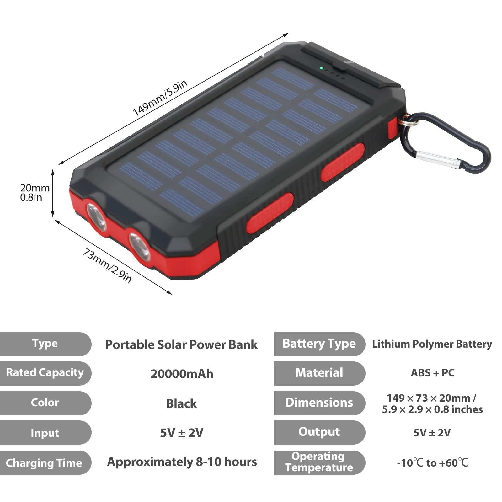 20000mAh Solar Charger Waterproof Portable Solar Power Bank Dual 5V USB Ports 2 LED Flashlight Compass for Outdoor Camping Hik - PrimeNest