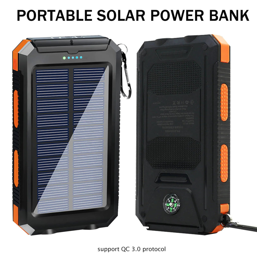 20000mAh Solar Charger Waterproof Portable Solar Power Bank Dual 5V USB Ports 2 LED Flashlight Compass for Outdoor Camping Hik - PrimeNest