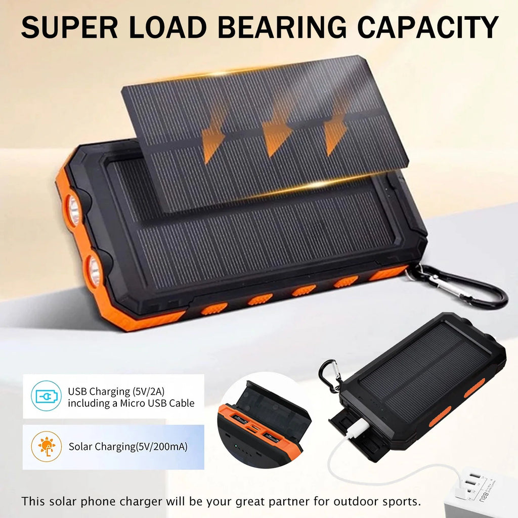 20000mAh Solar Charger Waterproof Portable Solar Power Bank Dual 5V USB Ports 2 LED Flashlight Compass for Outdoor Camping Hik - PrimeNest