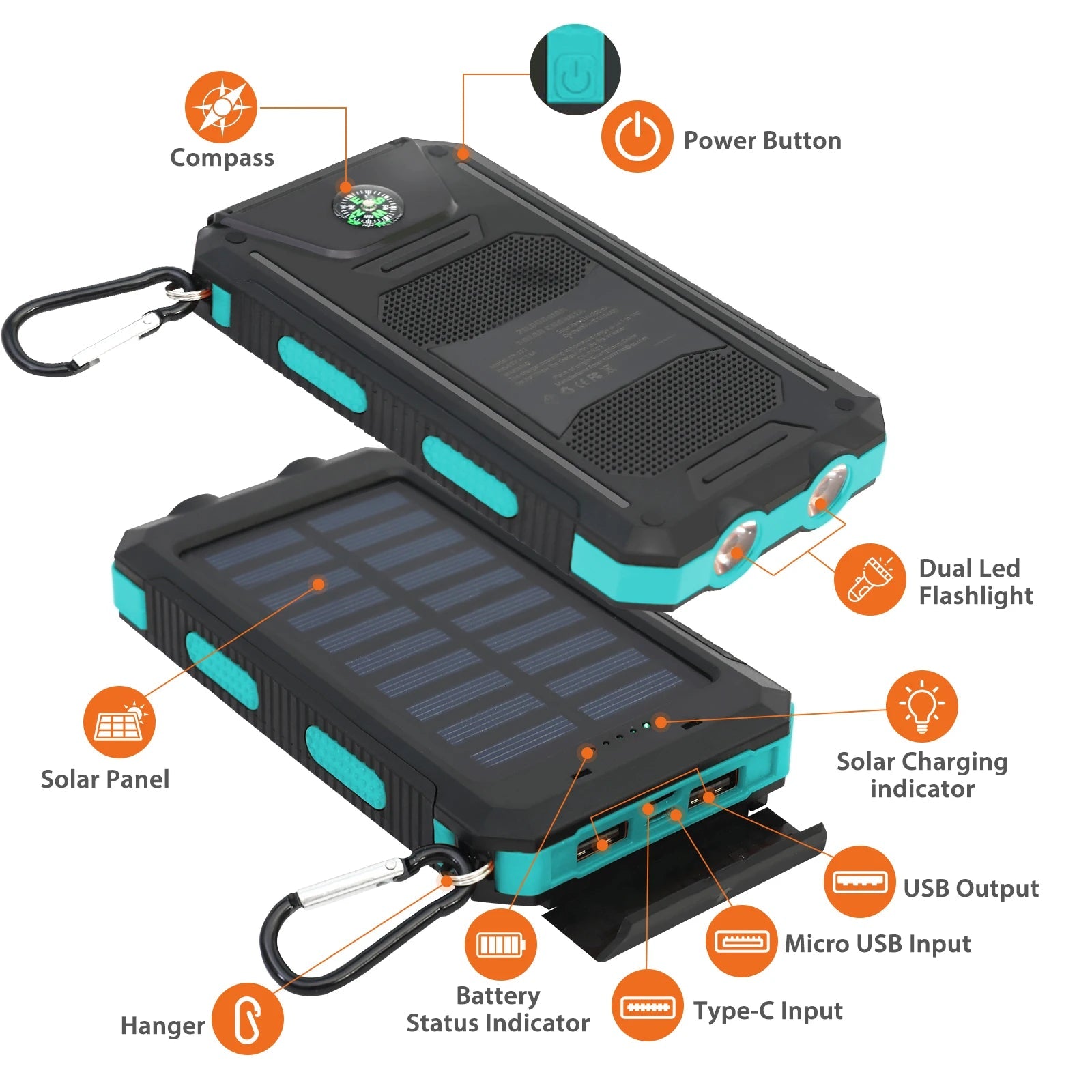 20000mAh Solar Charger Waterproof Portable Solar Power Bank Dual 5V USB Ports 2 LED Flashlight Compass for Outdoor Camping Hik - PrimeNest