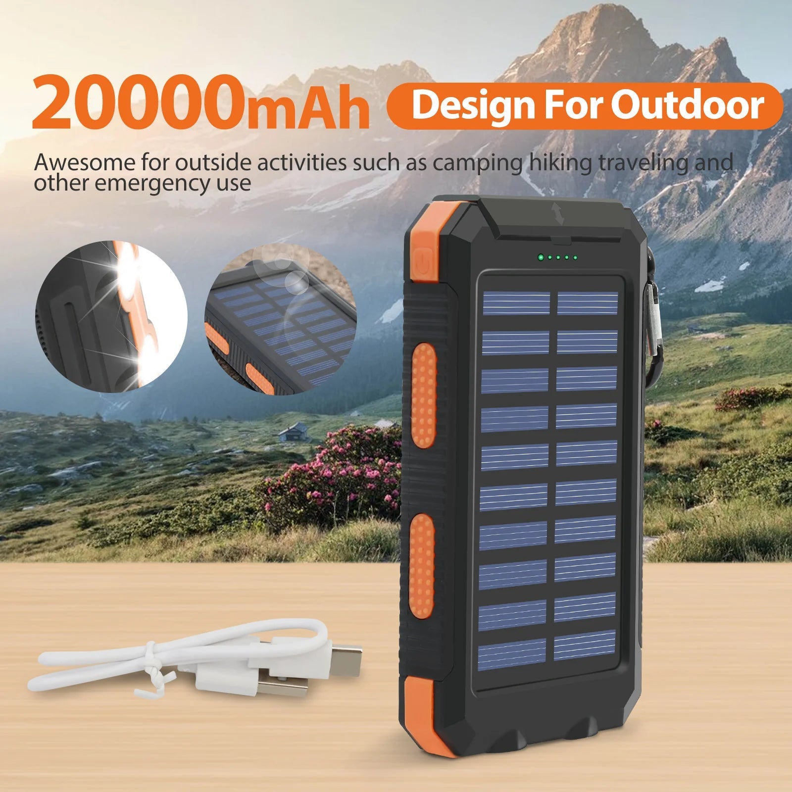 20000mAh Solar Power Bank Portable Solar Charger Waterproof Dual 5V USB Ports 2 LED Light Flashlight For Cell IPhone Outdoor - PrimeNest