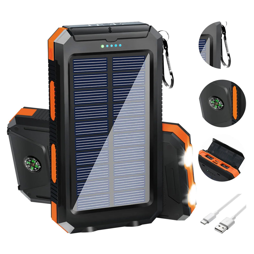 20000mAh Solar Power Bank Portable Solar Charger Waterproof Dual 5V USB Ports 2 LED Light Flashlight For Cell IPhone Outdoor - PrimeNest