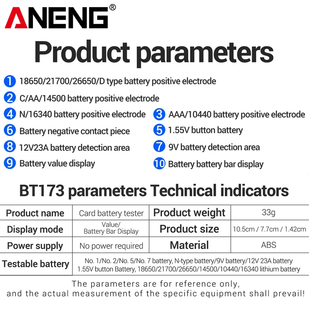 ANENG BT173 Battery Voltage Digital Display Tester Portable Universal High Precision 12V 23A/9V 6F22 Button Cell Detection Tools