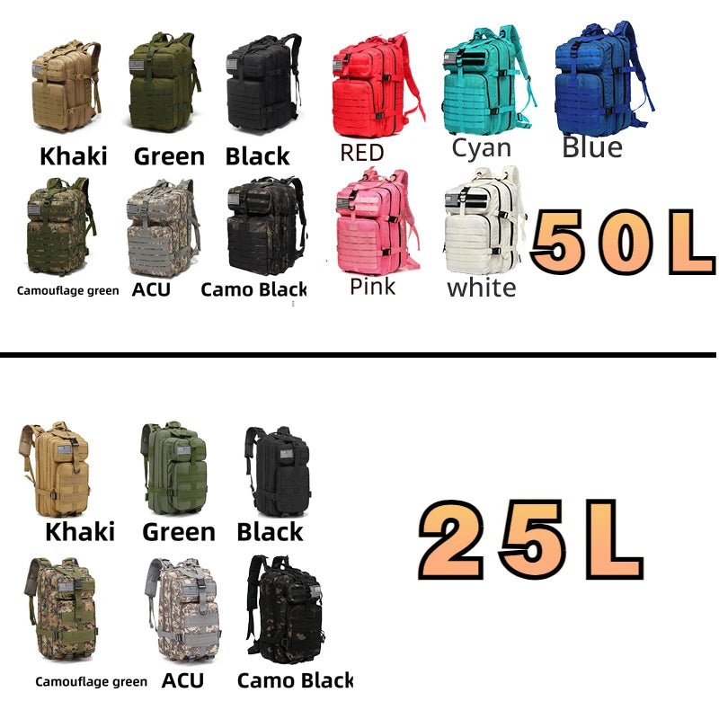 25L/50L Sturdy Nylon Waterproof Tactical Sports Trekking Fishing Hunting Camping Hiking Bag Backpack Outdoor Rucksacks - PrimeNest
