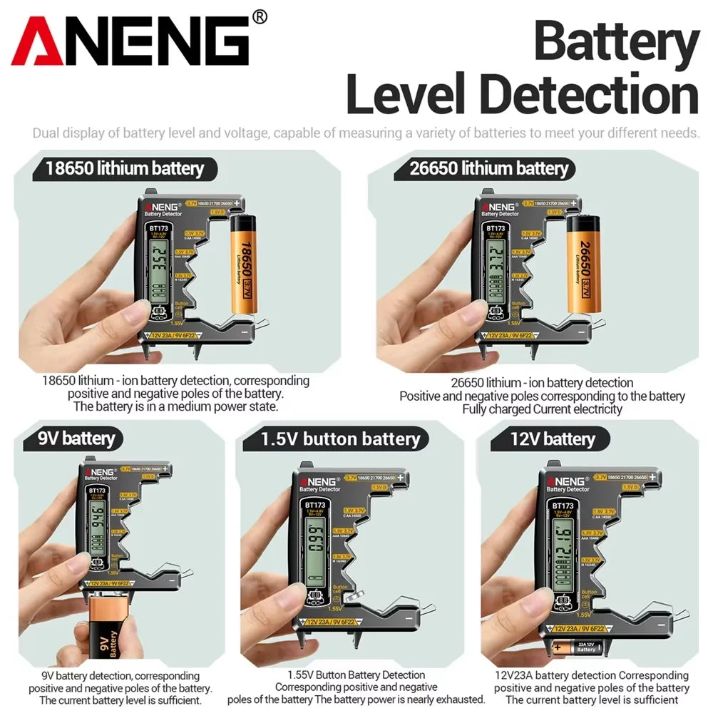 ANENG BT173 Battery Voltage Digital Display Tester Portable Universal High Precision 12V 23A/9V 6F22 Button Cell Detection Tools