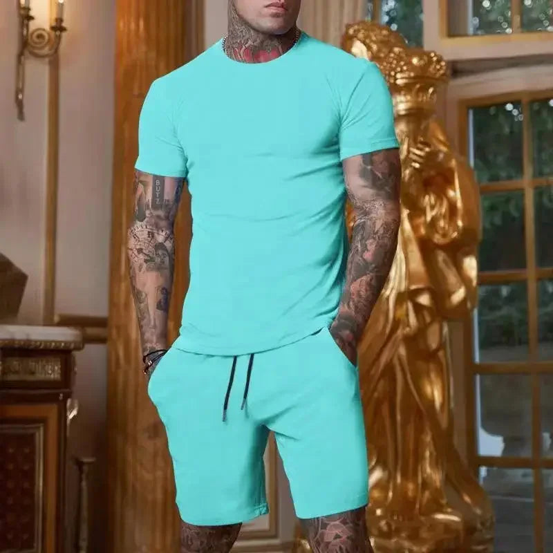 2025 Fashionable and casual summer outdoor sports suit men's breathable T-shirt shorts casual and fashionable two-piece set