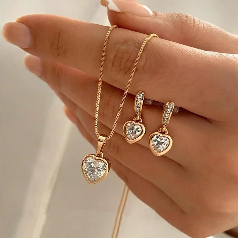 3 Pcs Heart Pendant Jewelry Set Of Earring Pendant Necklace For Women Exquisite Fashion Rhinestone Double Heart Jewelry Set Gift - PrimeNest