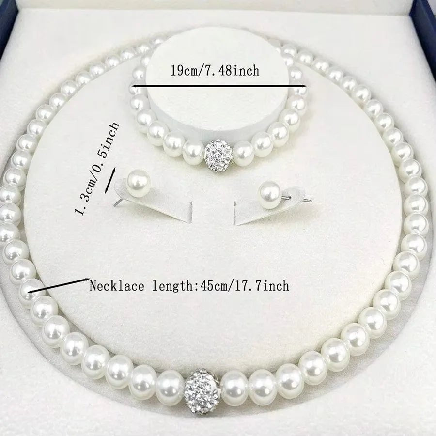 3 PCS set Imitation Pearl Fireball Necklace Bracelet Earring Stud Jewelry Set Silver Color Crystal Stone Elegant Bridal Jewelry - PrimeNest
