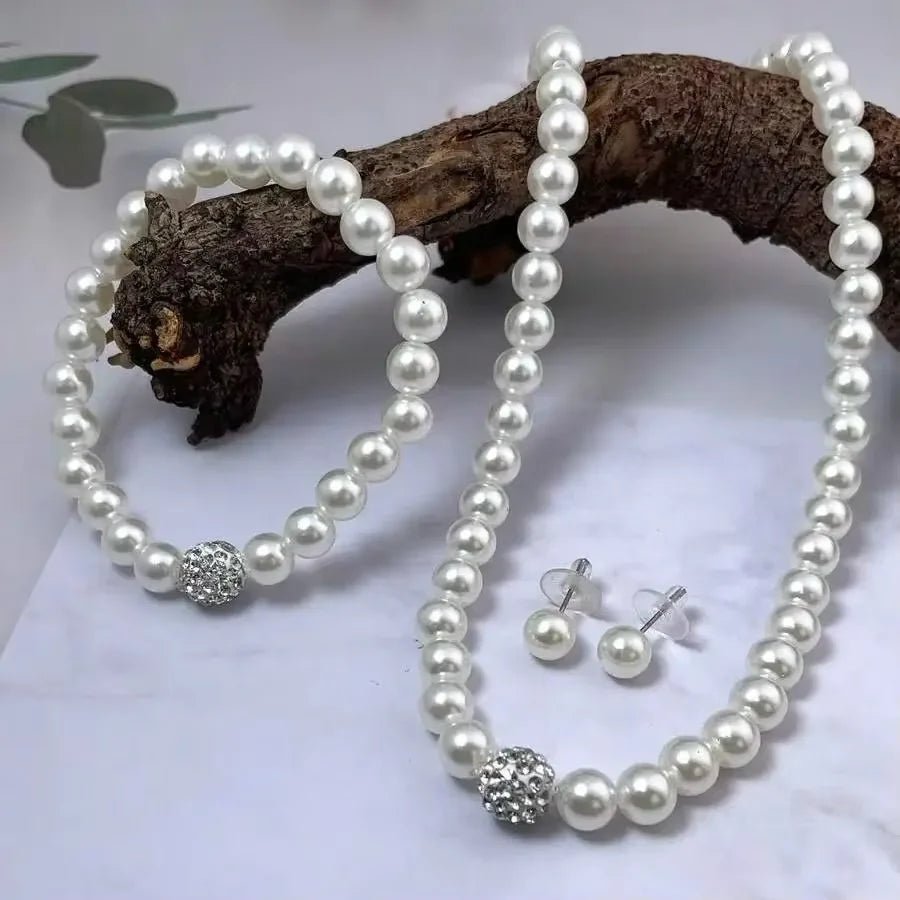 3 PCS set Imitation Pearl Fireball Necklace Bracelet Earring Stud Jewelry Set Silver Color Crystal Stone Elegant Bridal Jewelry - PrimeNest