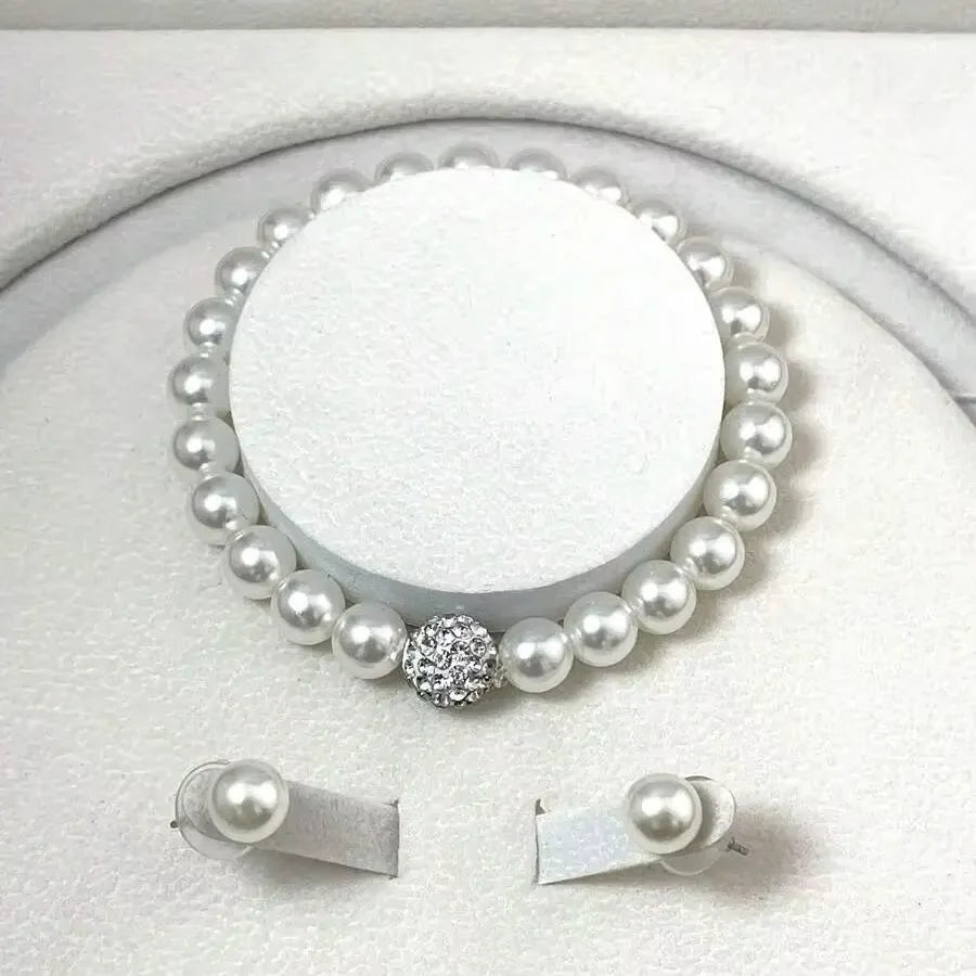 3 PCS set Imitation Pearl Fireball Necklace Bracelet Earring Stud Jewelry Set Silver Color Crystal Stone Elegant Bridal Jewelry - PrimeNest