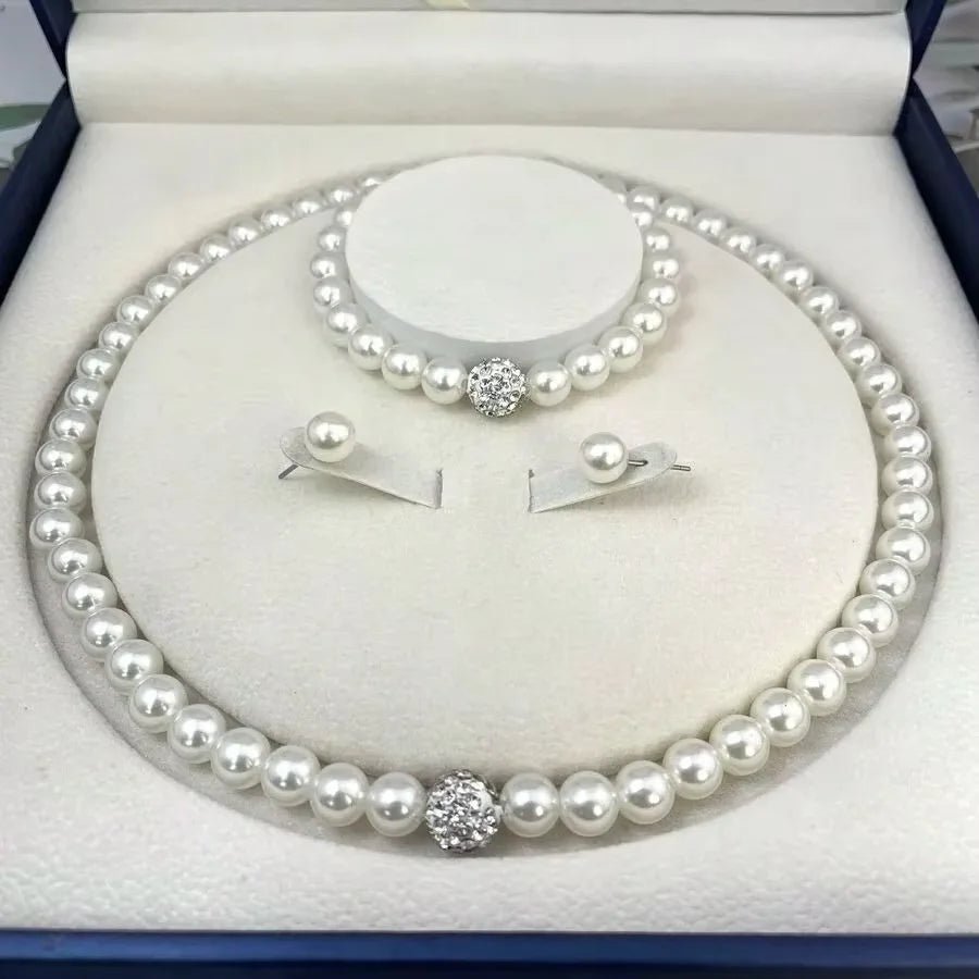 3 PCS set Imitation Pearl Fireball Necklace Bracelet Earring Stud Jewelry Set Silver Color Crystal Stone Elegant Bridal Jewelry - PrimeNest