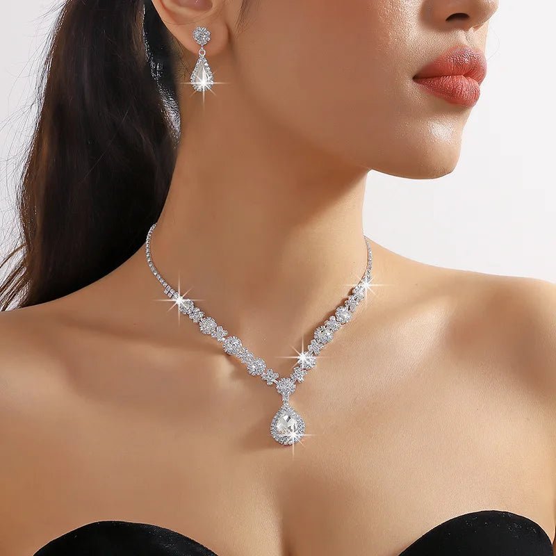 3 pieces of women's crystal droplet necklace with earrings set for wedding evening dress accessories - PrimeNest
