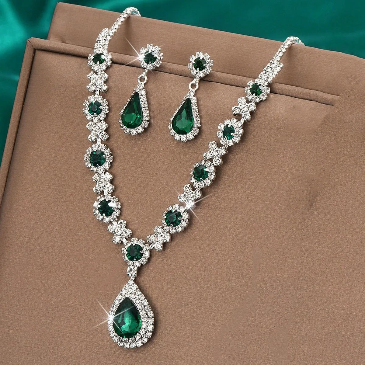 3 pieces of women's crystal droplet necklace with earrings set for wedding evening dress accessories - PrimeNest