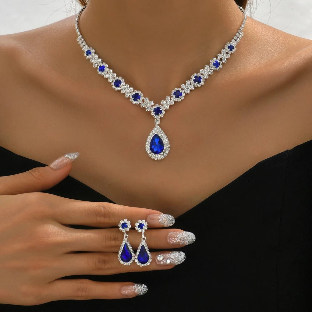 3 pieces of women's crystal droplet necklace with earrings set for wedding evening dress accessories - PrimeNest
