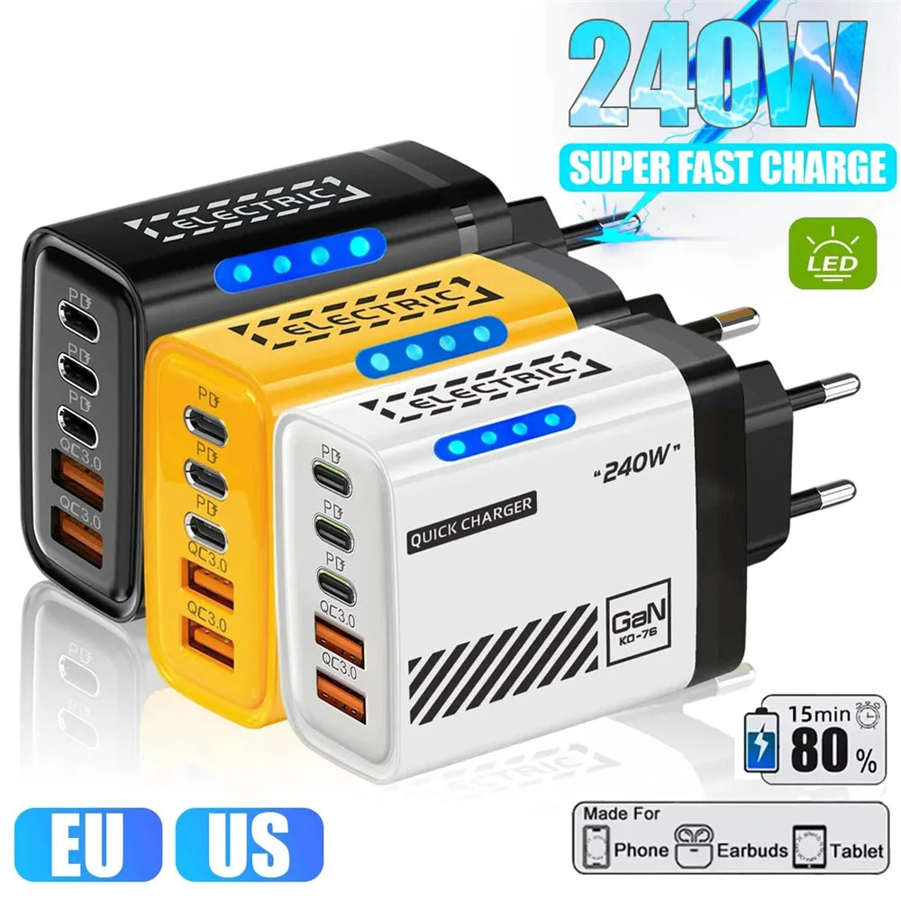 240W GaN 5 in 1 Desktop Charger USB C PD QC 3.0 Fast Charging Charger For MacBook iPhone 17 16 15 Pro Samsung Xiaomi EU US Plug
