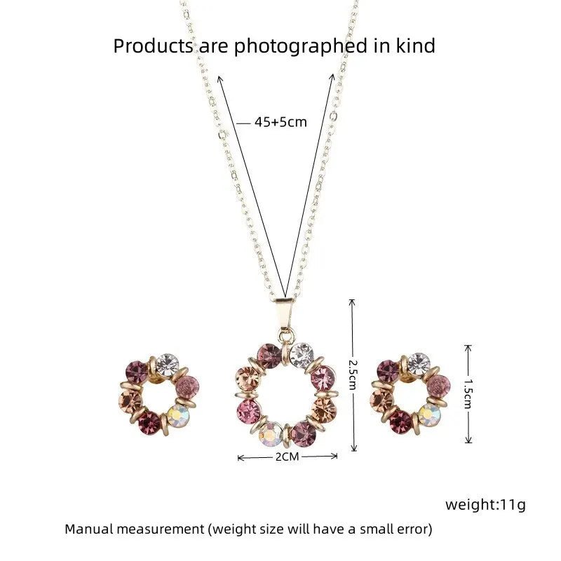 3pcs Gold Necklace Earrings Set Ladies Celebrity Simple Fashion Style Exquisite Stained Glass Diamond Circle Shape Jewelry - PrimeNest