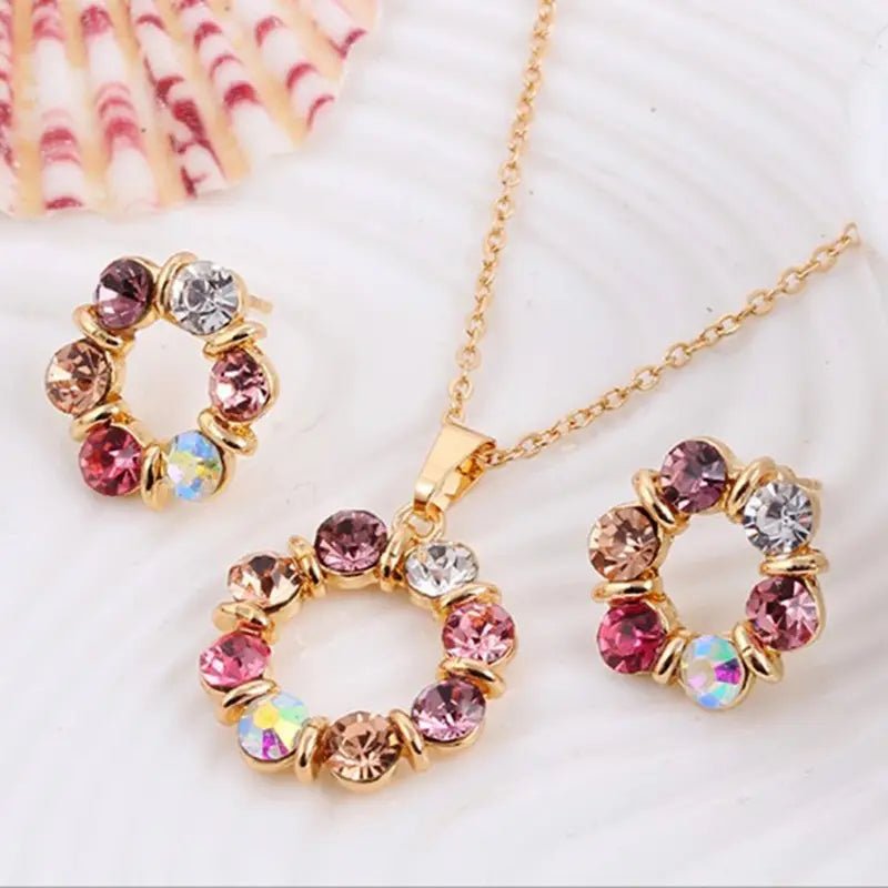 3pcs Gold Necklace Earrings Set Ladies Celebrity Simple Fashion Style Exquisite Stained Glass Diamond Circle Shape Jewelry - PrimeNest