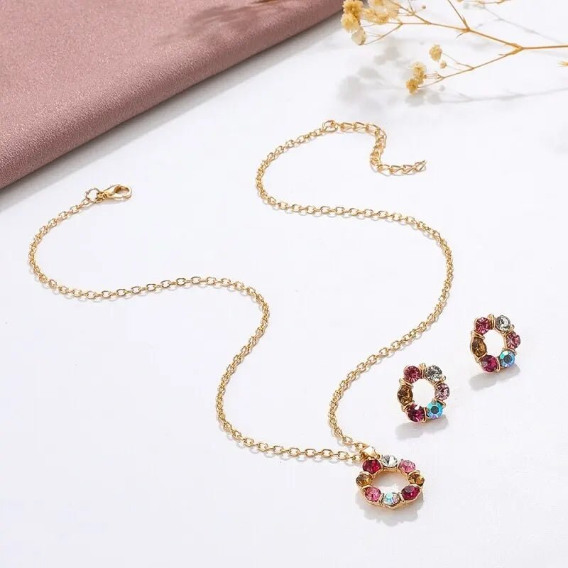 3pcs Gold Necklace Earrings Set Ladies Celebrity Simple Fashion Style Exquisite Stained Glass Diamond Circle Shape Jewelry - PrimeNest